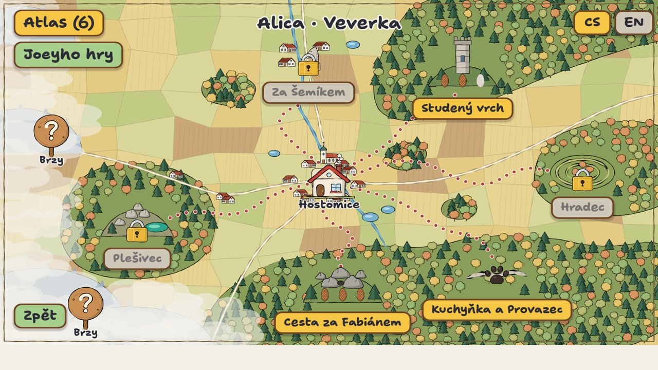 Illustrated map of the Hostomice area with six trails