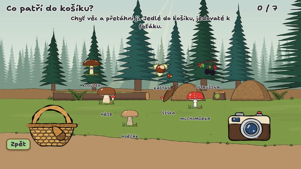 Sorting game: food into the basket, poisonous mushrooms to the camera